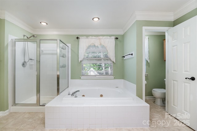 1002 Hollyhedge Ln, Indian Trail, NC 28079 - full bath featuring a whirlpool tub, a stall shower, tile patterned floors, crown molding, and recessed lighting