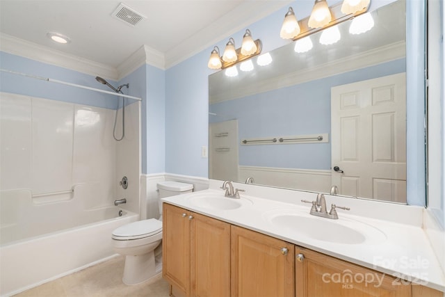 1002 Hollyhedge Ln, Indian Trail, NC 28079 - bathroom with double vanity, bathtub / shower combination, ornamental molding, wainscoting, and tile patterned flooring