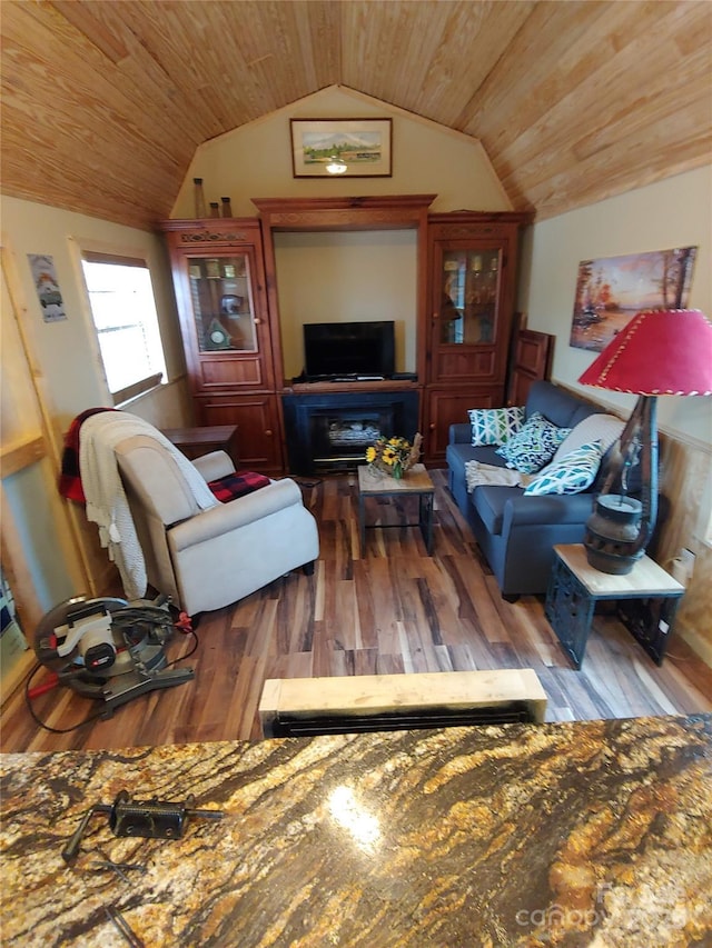 871 Lower Nettle Knob Rd, West Jefferson, NC 28694 - living room featuring lofted ceiling, wood finished floors, and wood ceiling