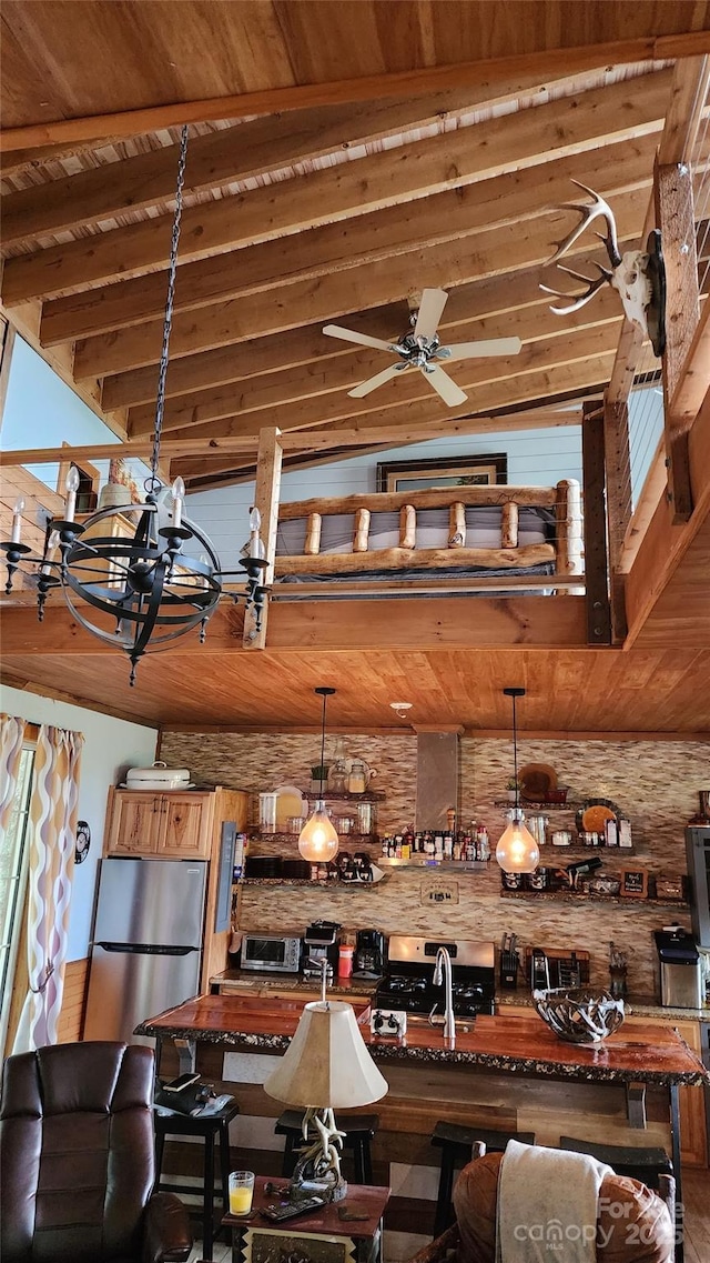 871 Lower Nettle Knob Rd, West Jefferson, NC 28694 - bar area featuring a wood ceiling with exposed beams, stainless steel appliances, pendant lighting, and ceiling fan