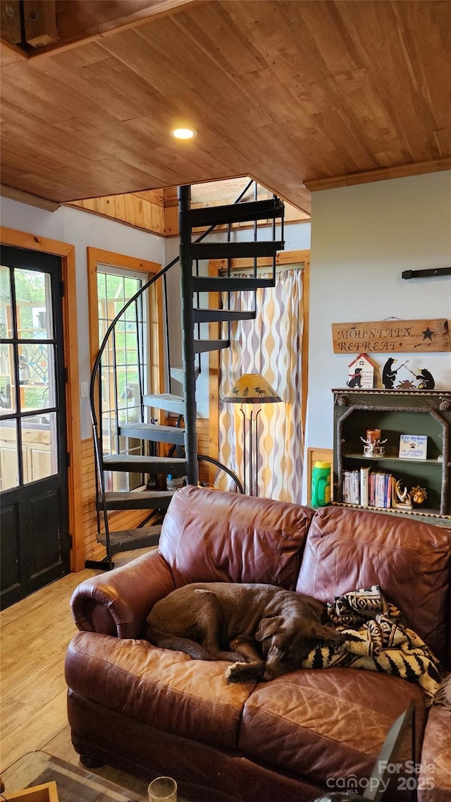 871 Lower Nettle Knob Rd, West Jefferson, NC 28694 - living area with wood ceiling, stairs, hardwood / wood-style floors, and recessed lighting