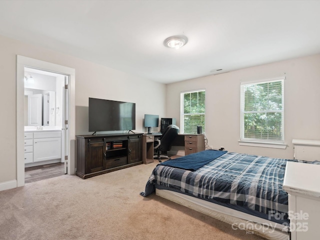 429 Summer Ridge Dr, Stanley, NC 28164 - bedroom featuring light colored carpet, a desk, and ensuite bathroom