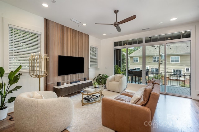 3026 Kalex Ct, Charlotte, NC 28204 - living room featuring wood finished floors, ceiling fan, and recessed lighting