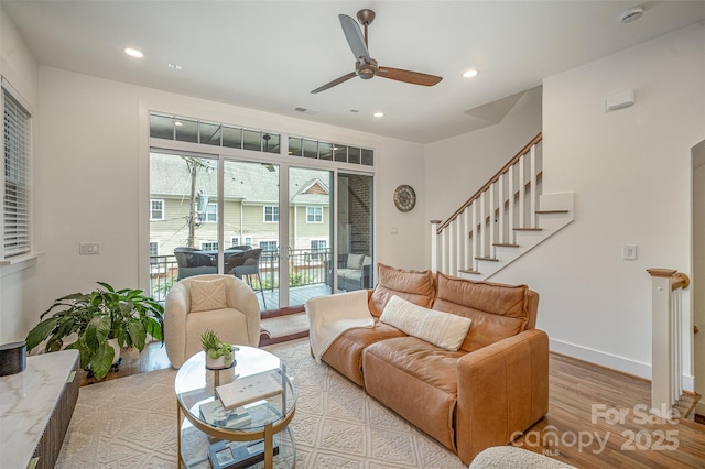 3026 Kalex Ct, Charlotte, NC 28204 - living room featuring a ceiling fan, wood finished floors, stairs, and recessed lighting