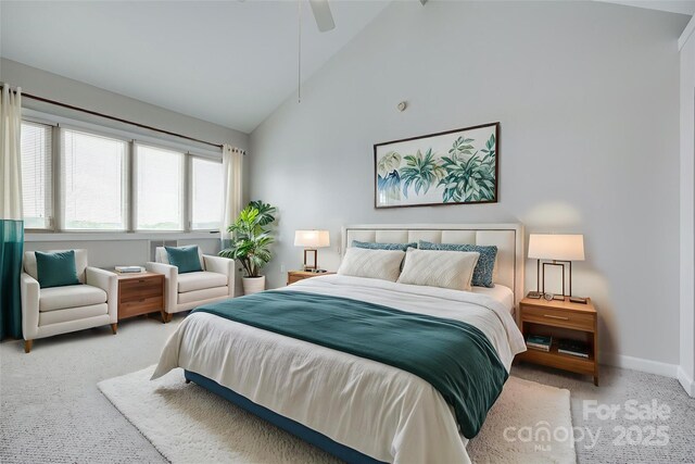 14053 Queens Harbor Rd, Charlotte, NC 28278 - bedroom with carpet floors, high vaulted ceiling, baseboards, and ceiling fan