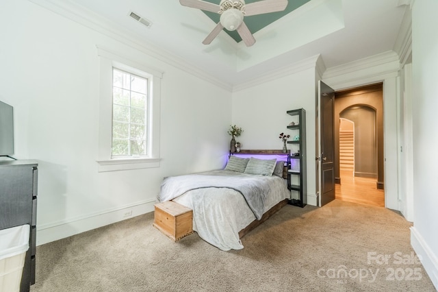 3587 Ridgetop Rd, Sherrills Ford, NC 28673 - bedroom with carpet floors, arched walkways, ornamental molding, and a ceiling fan