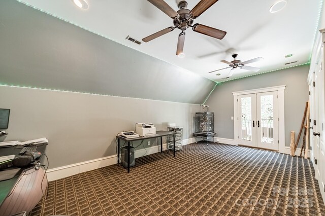 3587 Ridgetop Rd, Sherrills Ford, NC 28673 - bonus room with french doors, a ceiling fan, lofted ceiling, carpet, and a desk