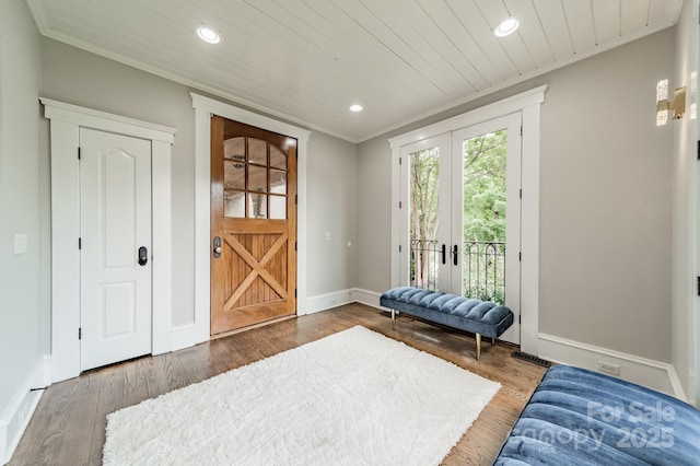 3587 Ridgetop Rd, Sherrills Ford, NC 28673 - doorway to outside with recessed lighting, wood finished floors, french doors, wooden ceiling, and ornamental molding