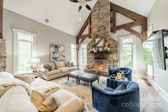 3587 Ridgetop Rd, Sherrills Ford, NC 28673 - living area featuring a fireplace, plenty of natural light, light wood-style flooring, high vaulted ceiling, and ceiling fan