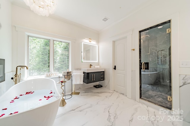 3587 Ridgetop Rd, Sherrills Ford, NC 28673 - bathroom with vanity, marble finish floors, a marble finish shower, and a freestanding bath
