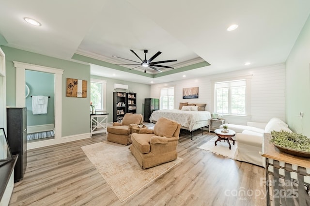 3587 Ridgetop Rd, Sherrills Ford, NC 28673 - bedroom with wood finished floors, a tray ceiling, multiple windows, recessed lighting, and a wall unit AC
