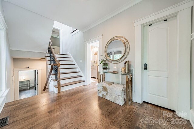 3587 Ridgetop Rd, Sherrills Ford, NC 28673 - foyer with stairway, wood finished floors, and crown molding
