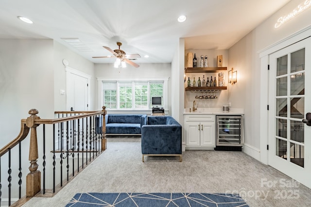 3587 Ridgetop Rd, Sherrills Ford, NC 28673 - carpeted living area featuring wet bar, beverage cooler, recessed lighting, and ceiling fan