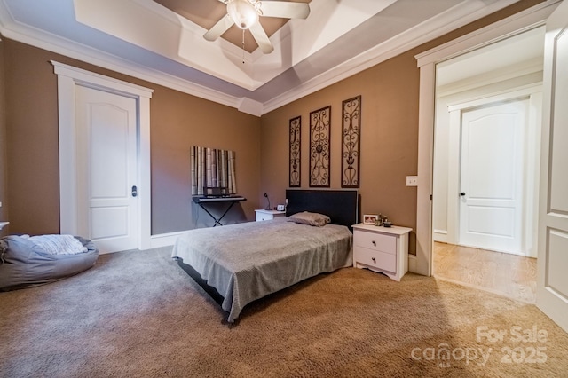 3587 Ridgetop Rd, Sherrills Ford, NC 28673 - bedroom featuring carpet, ornamental molding, a tray ceiling, and a ceiling fan