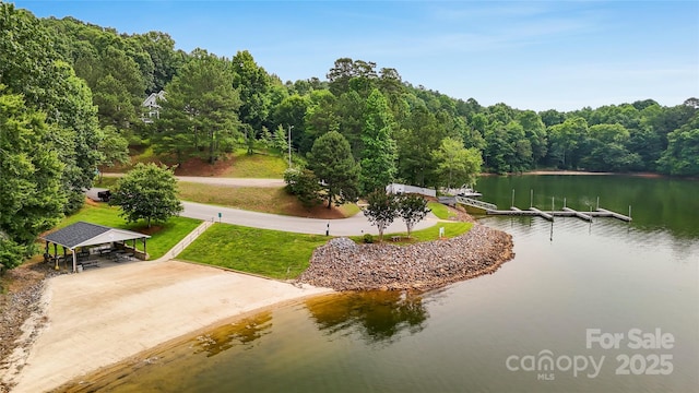 106 Pier Point Dr, Stony Point, NC 28678 - view of community with a floating dock, a water view, a forest view, a detached carport, and a lawn