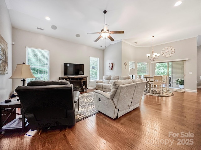 106 Pier Point Dr, Stony Point, NC 28678 - living area with a chandelier, wood-type flooring, crown molding, a ceiling fan, and recessed lighting