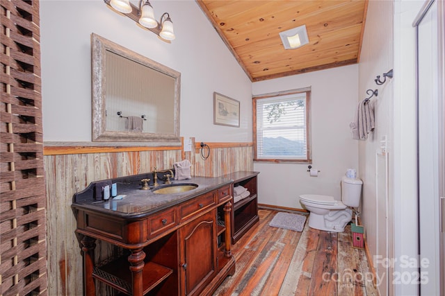 1145 Eagles Roost Rd, Bryson City, NC 28713 - bathroom with lofted ceiling, wood ceiling, wood finished floors, vanity, and wainscoting