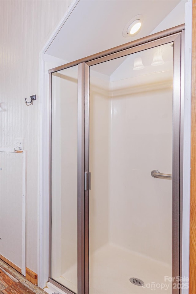 1145 Eagles Roost Rd, Bryson City, NC 28713 - bathroom with a shower stall and wood finished floors