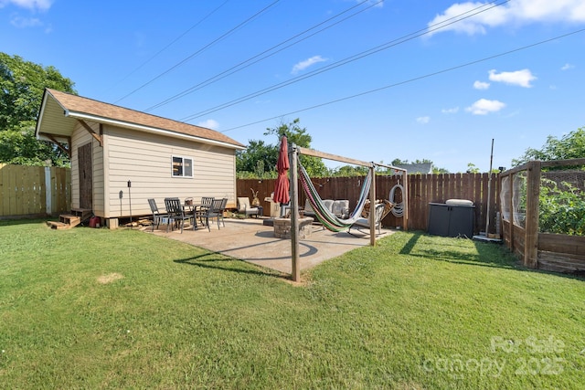 5104 Timbertop Ln, Charlotte, NC 28215 - fenced backyard with a patio area and an outdoor structure