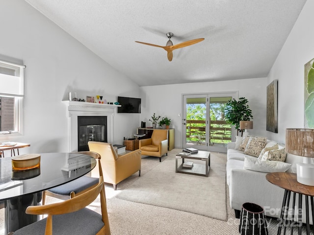 305 Piney Mountain Dr Unit B3, Asheville, NC 28805 - carpeted living area with vaulted ceiling, a glass covered fireplace, a ceiling fan, and a textured ceiling