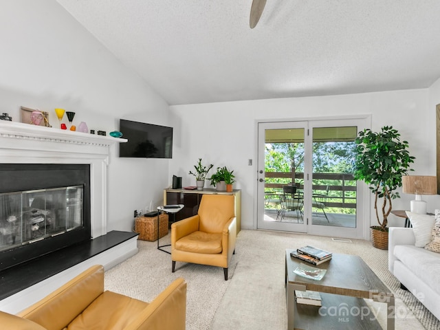 305 Piney Mountain Dr Unit B3, Asheville, NC 28805 - carpeted living area with vaulted ceiling, a glass covered fireplace, and a textured ceiling