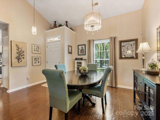 13600 Seastone Ln, Pineville, NC 28134 - dining space featuring high vaulted ceiling, a chandelier, and dark wood finished floors