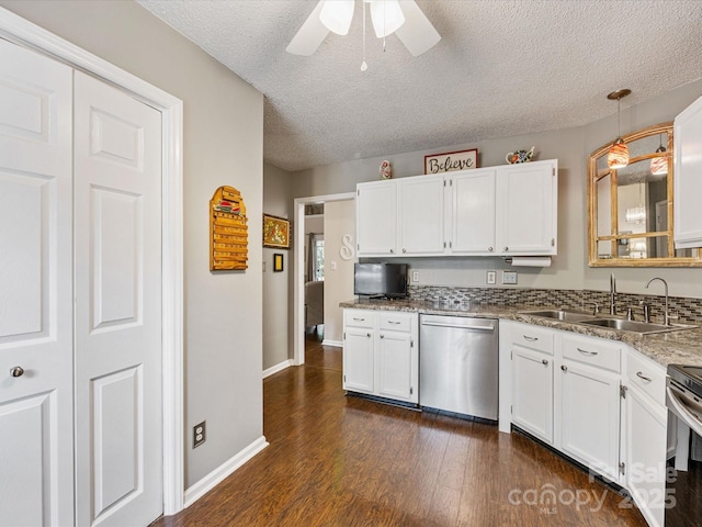 13600 Seastone Ln, Pineville, NC 28134 - kitchen featuring appliances with stainless steel finishes, a textured ceiling, ceiling fan, white cabinetry, and dark wood finished floors