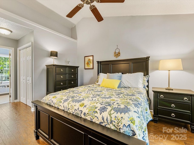 13600 Seastone Ln, Pineville, NC 28134 - bedroom with vaulted ceiling, wood finished floors, a closet, and ceiling fan