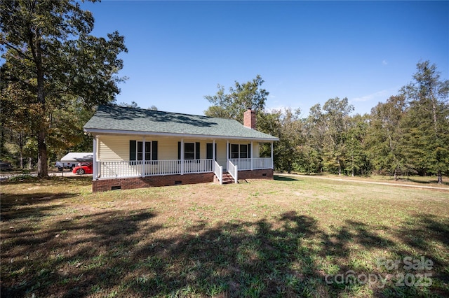 3330 Clinzo Feemster Rd, Hickory Grove, SC 29717 - view of front of house featuring crawl space, covered porch, a chimney, a front yard, and roof with shingles