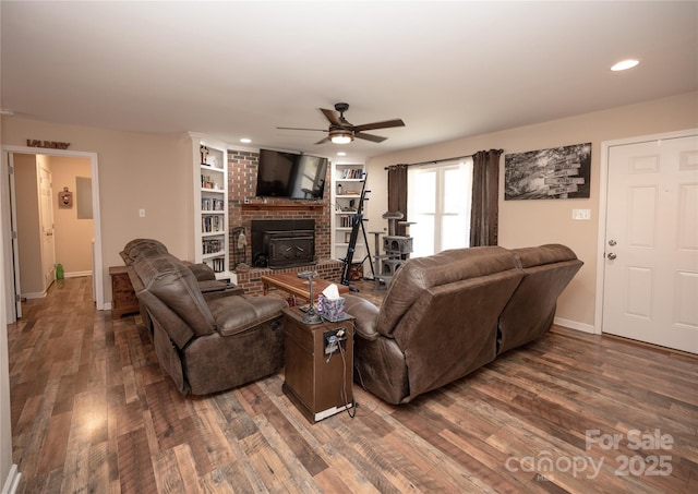 3330 Clinzo Feemster Rd, Hickory Grove, SC 29717 - living area featuring wood finished floors, ceiling fan, a fireplace, recessed lighting, and built in features