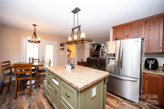 3330 Clinzo Feemster Rd, Hickory Grove, SC 29717 - kitchen featuring stainless steel refrigerator with ice dispenser, green cabinets, dark wood-style flooring, and a kitchen island