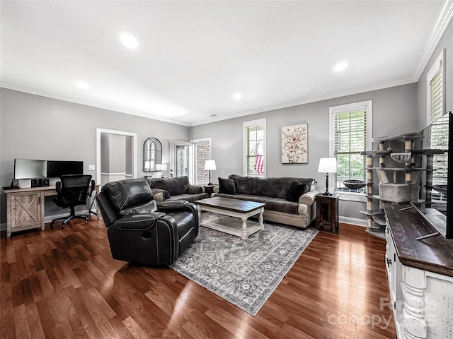 234 Rivercliff Dr, Stony Point, NC 28678 - living room featuring ornamental molding, dark wood-style flooring, recessed lighting, and an office area