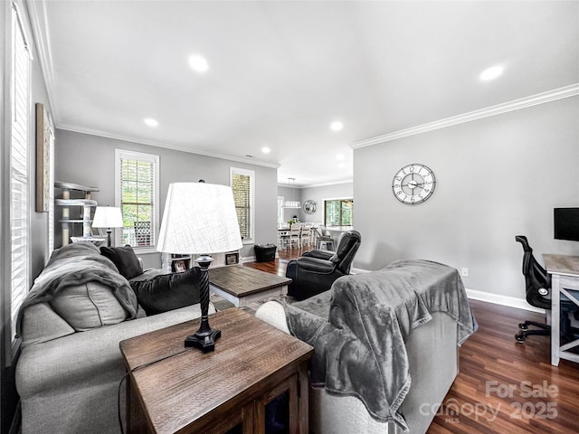 234 Rivercliff Dr, Stony Point, NC 28678 - living room featuring ornamental molding, dark wood-style floors, recessed lighting, and a desk