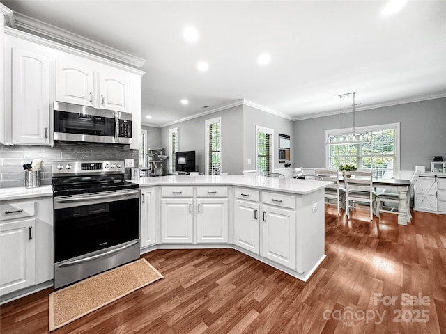 234 Rivercliff Dr, Stony Point, NC 28678 - kitchen with stainless steel appliances, wood finished floors, a peninsula, light countertops, and recessed lighting