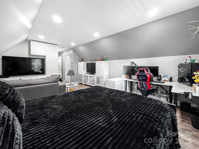 234 Rivercliff Dr, Stony Point, NC 28678 - bedroom with light wood-type flooring, lofted ceiling, a desk, and recessed lighting