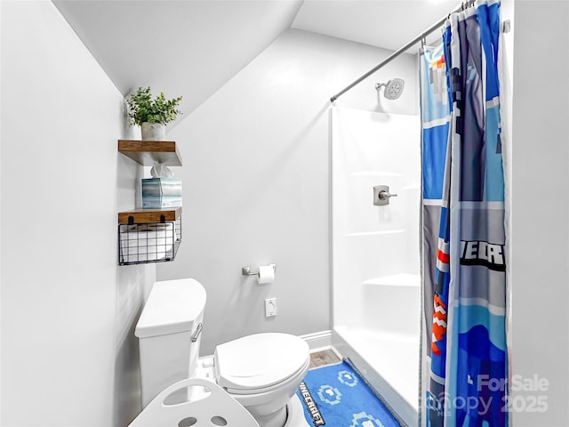 234 Rivercliff Dr, Stony Point, NC 28678 - full bathroom featuring vaulted ceiling, a stall shower, and wood finished floors