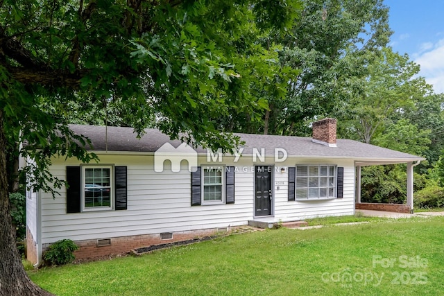 4308 Pinto Ln, Gastonia, NC 28052 - ranch-style home with crawl space, a chimney, a front lawn, and a shingled roof