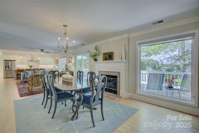 18205 Royal Oak Rd, Charlotte, NC 28278 - dining area with light wood-style floors, a glass covered fireplace, a chandelier, ornamental molding, and ceiling fan