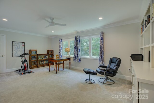 18205 Royal Oak Rd, Charlotte, NC 28278 - carpeted home office with ornamental molding, ceiling fan, and recessed lighting