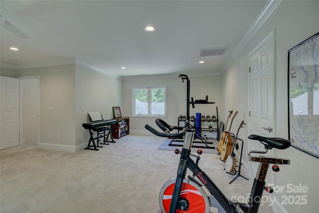 18205 Royal Oak Rd, Charlotte, NC 28278 - workout room featuring carpet flooring, recessed lighting, ornamental molding, and ceiling fan