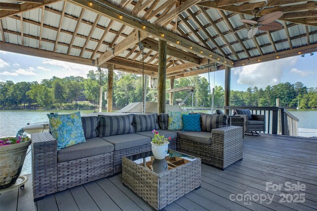 18205 Royal Oak Rd, Charlotte, NC 28278 - wooden terrace featuring an outdoor hangout area, a ceiling fan, a water view, and a gazebo