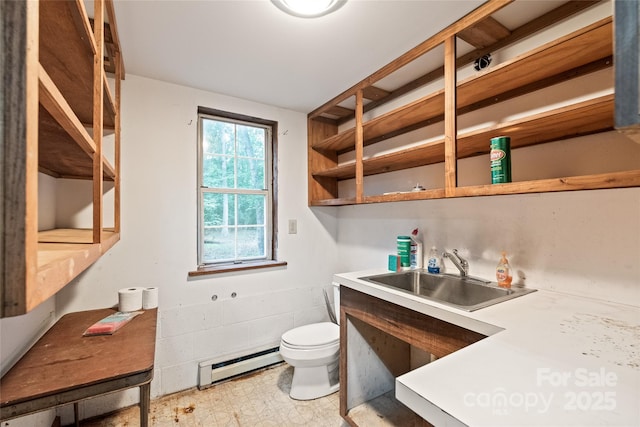 3985 Well Rd, Mint Hill, NC 28227 - bathroom featuring a baseboard radiator, toilet, tile patterned floors, and vanity