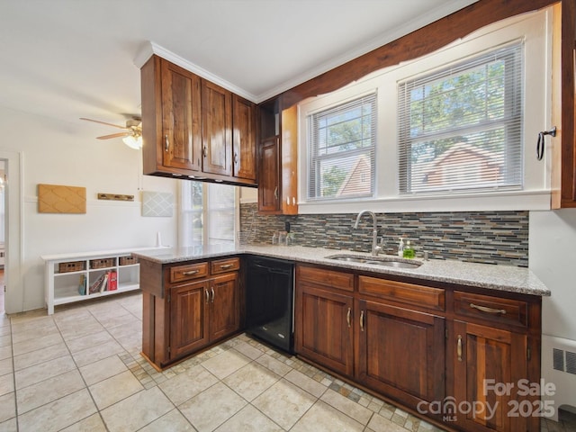 729 Montgomery Ave, Albemarle, NC 28001 - kitchen with a sink, dishwasher, decorative backsplash, ceiling fan, and crown molding