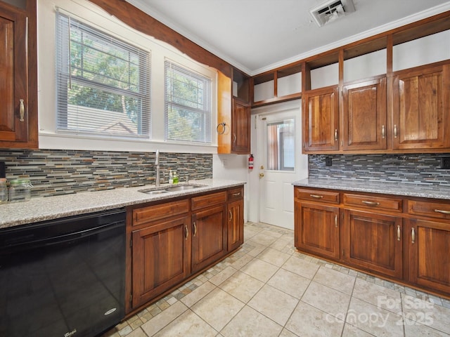 729 Montgomery Ave, Albemarle, NC 28001 - kitchen with dishwasher, a sink, backsplash, open shelves, and light tile patterned flooring