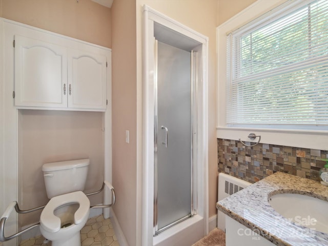 729 Montgomery Ave, Albemarle, NC 28001 - bathroom with a shower stall, vanity, toilet, radiator, and baseboards