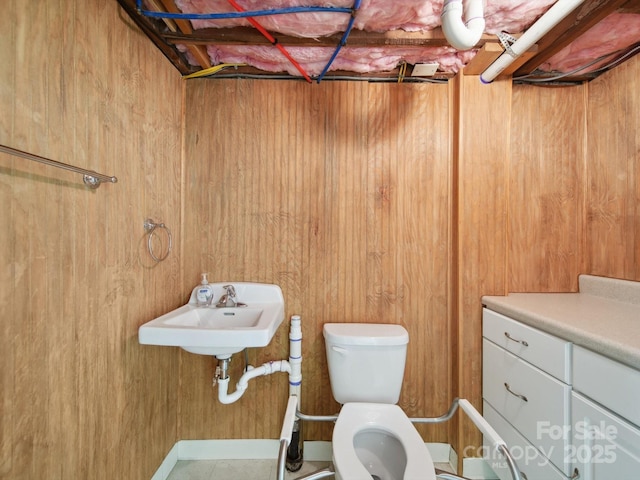 729 Montgomery Ave, Albemarle, NC 28001 - bathroom featuring toilet, wood walls, and a sink