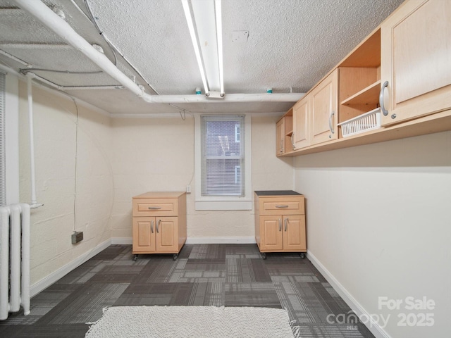 729 Montgomery Ave, Albemarle, NC 28001 - basement featuring radiator heating unit, baseboards, dark colored carpet, and a textured ceiling