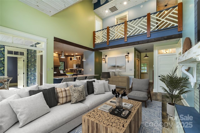 231 Bible School Rd, Lake Lure, NC 28746 - living area with a high ceiling, wood finished floors, and recessed lighting