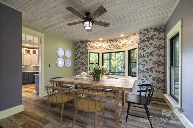 231 Bible School Rd, Lake Lure, NC 28746 - dining space with a ceiling fan, wood ceiling, wood finished floors, and baseboards
