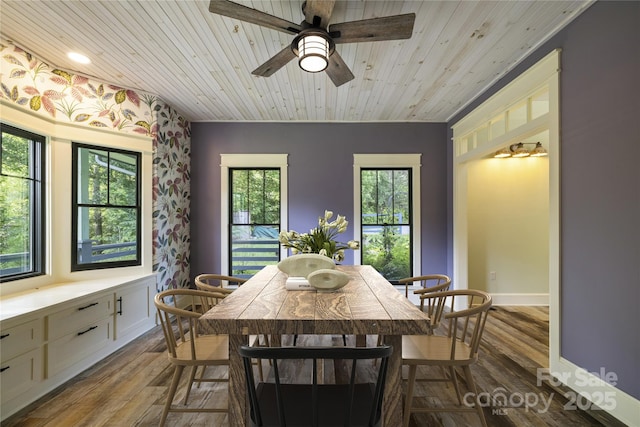 231 Bible School Rd, Lake Lure, NC 28746 - dining room featuring dark wood finished floors, a ceiling fan, and wood ceiling